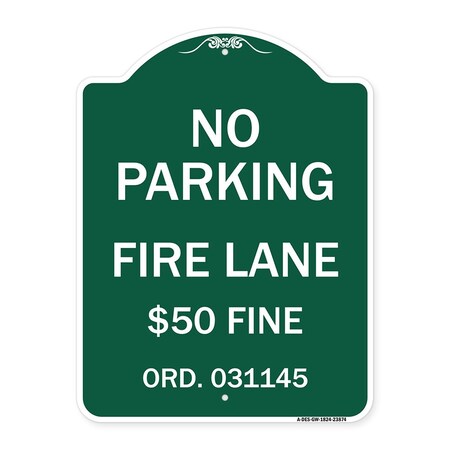 Signmission Missouri No Parking Fire Lane $50 Fine, Green & White Aluminum Sign, 18" x 24", GW-1824-23874 A-DES-GW-1824-23874